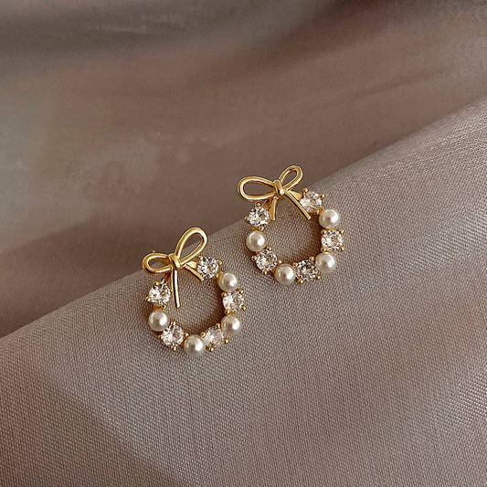 Sparkling Bow Pearl Stud Earrings